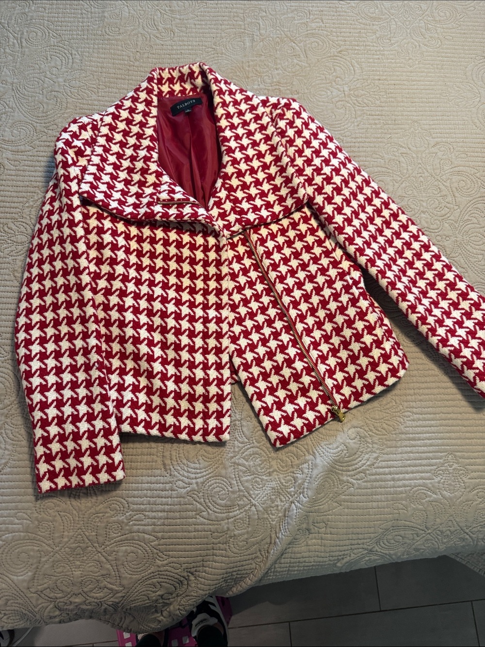 Talbots Red and White Houndstooth Zip-Front Blazer
